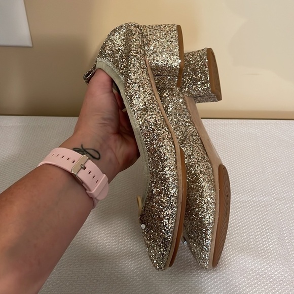 Yosi Samra women’s 9 heels shoes Naima sparkle block round toe glitter champagne - Picture 5 of 10